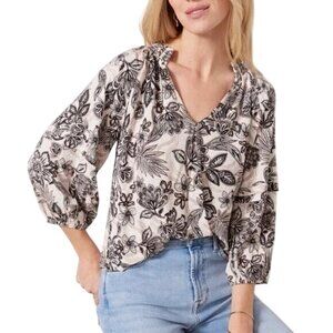 Evereve Jovi Blouse Size Medium Floral V Neck Long Sleeve Beige Black Bohemian